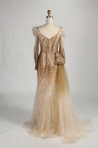 Champagne Sequine V-Neck Long Sleeves Mother of the Bride Dress MC145