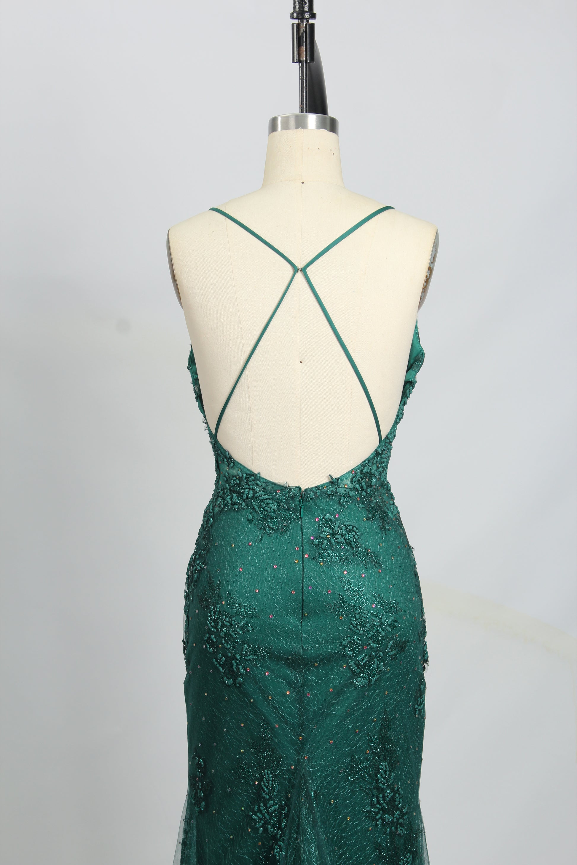 Wholesale Emerald Green Lace Prom Dress - Open - Back Mermaid Evening Gown 32726