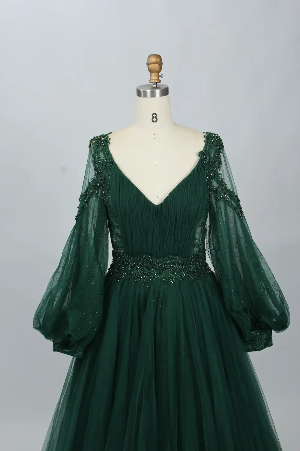 V-Neck Embellished A-Line Mother of the Bride Dress with Balloon Sleeves MK086