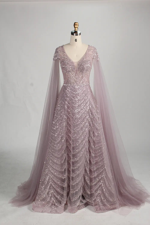 Sequined dusty mauve V-neck mother dress with cape sleeves and full skirt