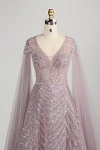Dusty Mauve Sequined Mother of the Bride or Groom Dress with Cape Sleeves MC149