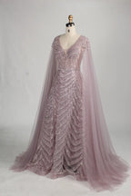 Dusty Mauve Sequined Mother of the Bride or Groom Dress with Cape Sleeves MC149