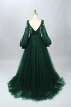 V-Neck Embellished A-Line Mother of the Bride Dress with Balloon Sleeves MK086