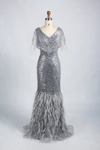 V-Neck Feather Trim Sequin Mermaid Mother of the Bride Dress KY034