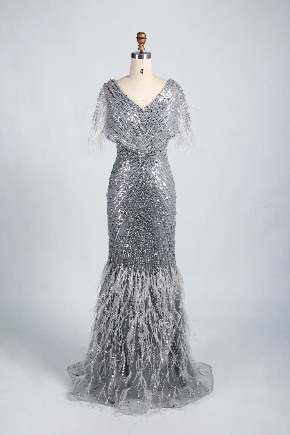 V-Neck Feather Trim Sequin Mermaid Mother of the Bride Dress KY034