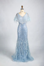 V-Neck Feather Trim Sequin Mermaid Mother of the Bride Dress KY034