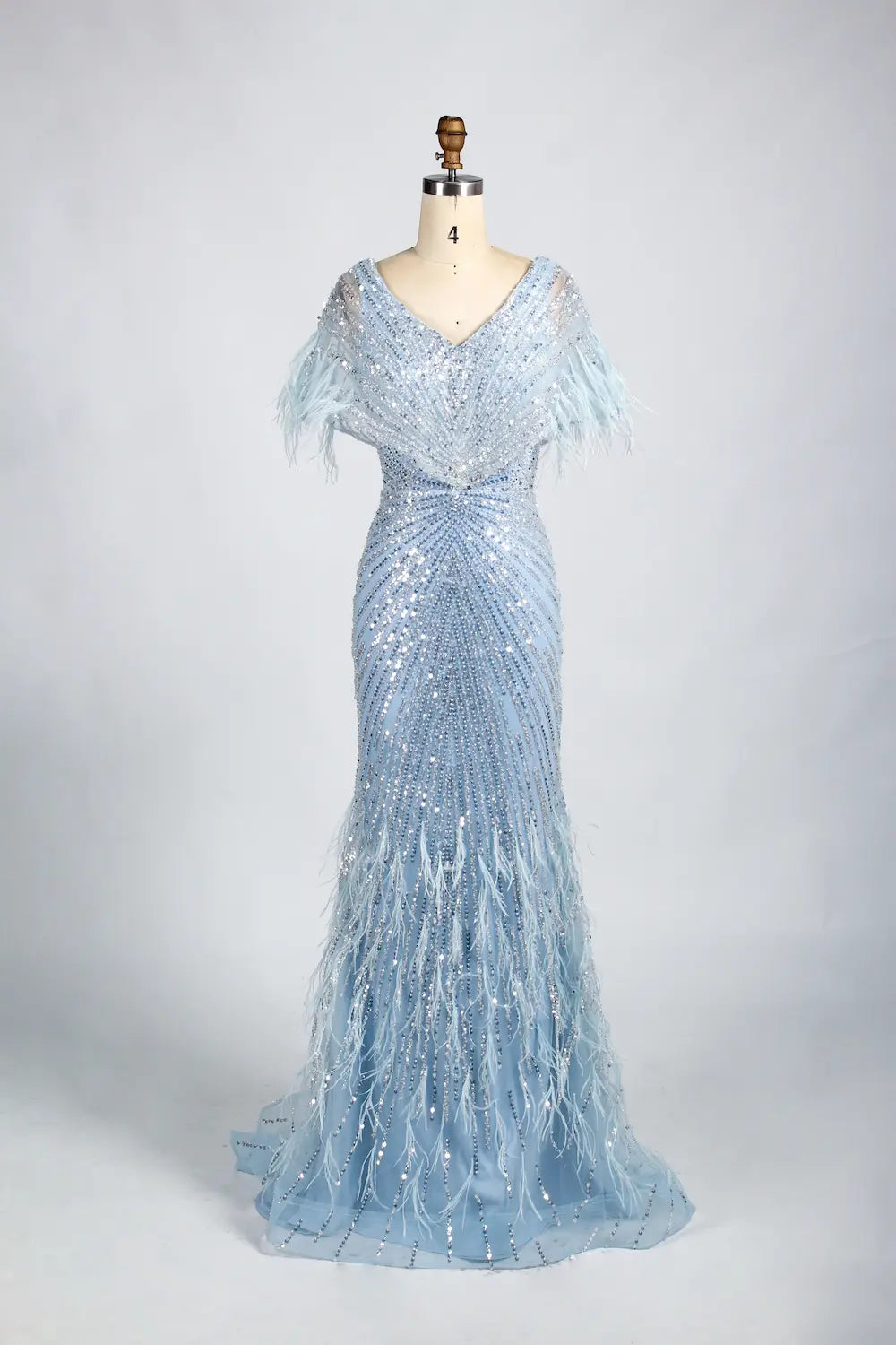 V-Neck Feather Trim Sequin Mermaid Mother of the Bride Dress KY034
