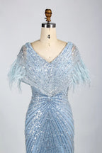 V-Neck Feather Trim Sequin Mermaid Mother of the Bride Dress KY034