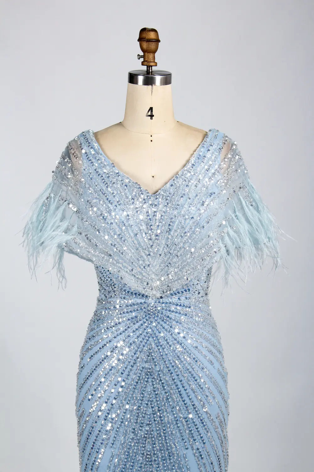 V-Neck Feather Trim Sequin Mermaid Mother of the Bride Dress KY034