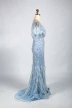 V-Neck Feather Trim Sequin Mermaid Mother of the Bride Dress KY034