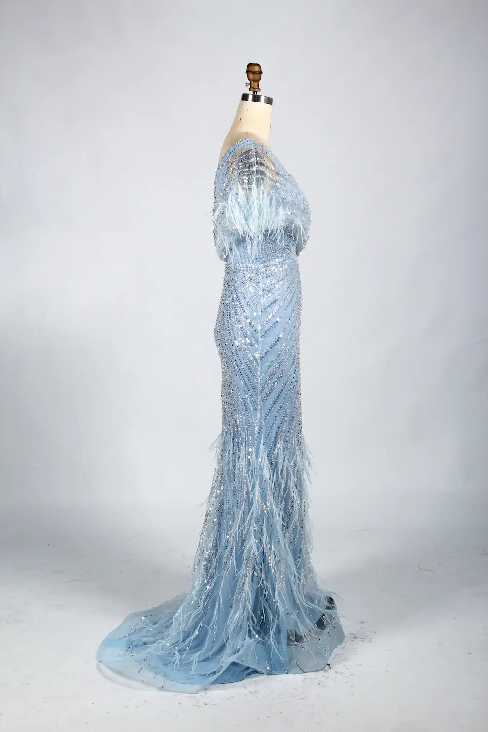 V-Neck Feather Trim Sequin Mermaid Mother of the Bride Dress KY034