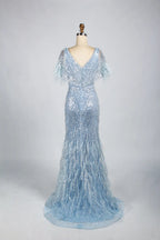 V-Neck Feather Trim Sequin Mermaid Mother of the Bride Dress KY034