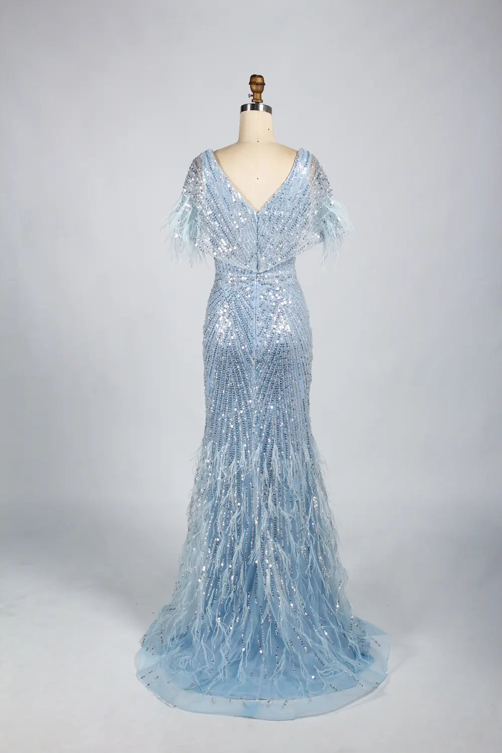 V-Neck Feather Trim Sequin Mermaid Mother of the Bride Dress KY034