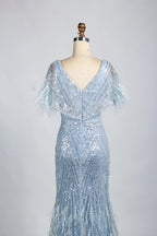 V-Neck Feather Trim Sequin Mermaid Mother of the Bride Dress KY034
