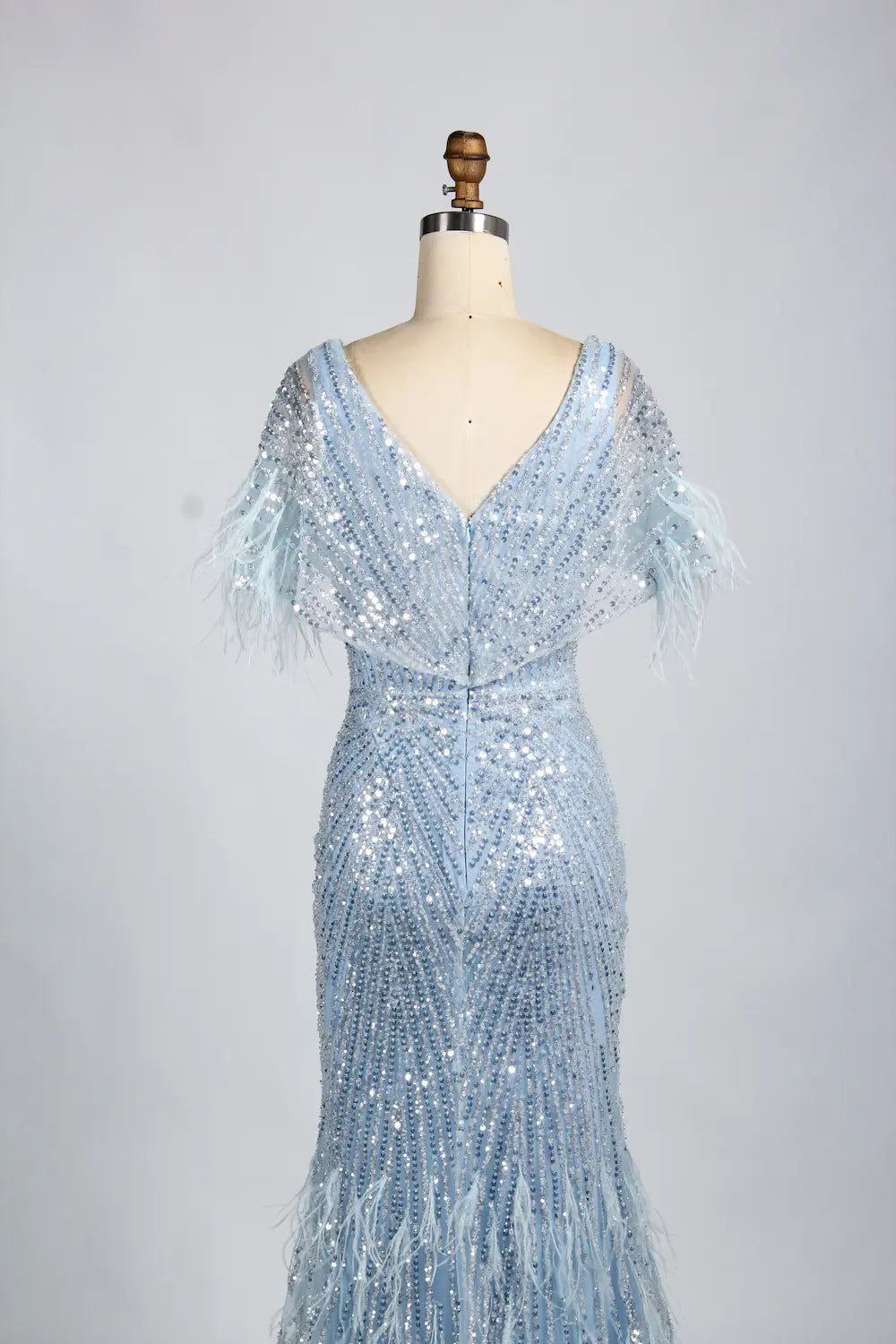 V-Neck Feather Trim Sequin Mermaid Mother of the Bride Dress KY034