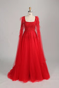 Red Long Cape Sleeves A-Line Mother of the Bride Dress MC152