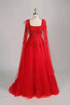 Red Long Cape Sleeves A-Line Mother of the Bride Dress MC152