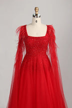 Red Long Cape Sleeves A-Line Mother of the Bride Dress MC152