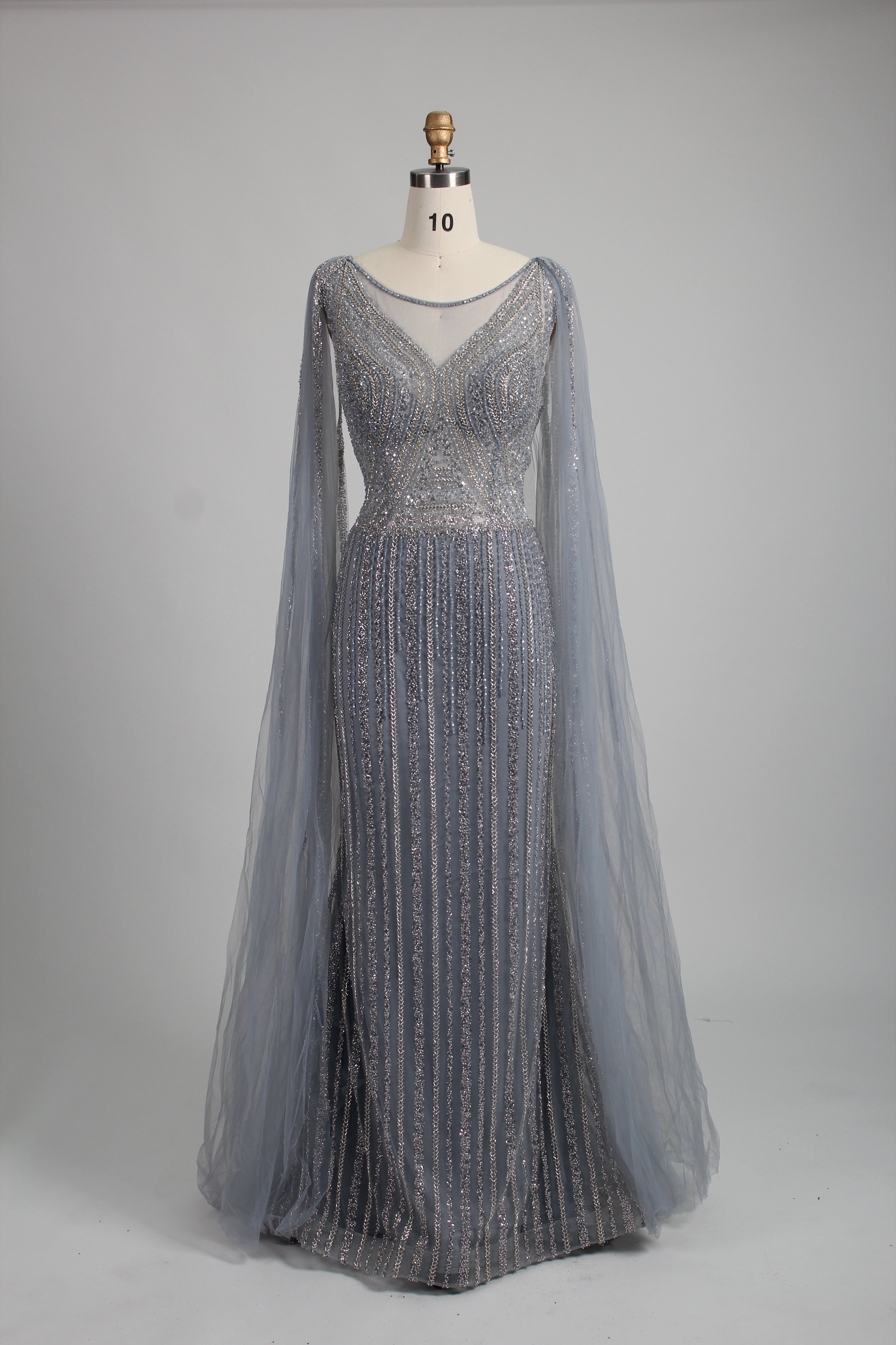 Exquisite Sequin Embellishments Cape Sleeves Mermaid Gown Evening MK133