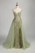 Sage Green V-Neck Beaded Sequin Tulle Overskirt Front Slit Evening Dress MC151