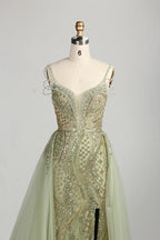 Sage Green V-Neck Beaded Sequin Tulle Overskirt Front Slit Evening Dress MC151