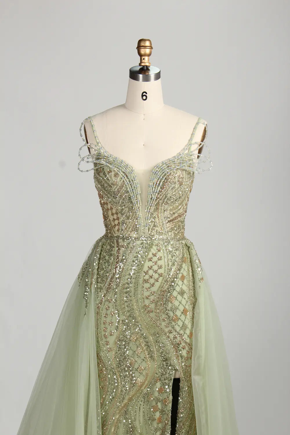 Sage Green V-Neck Beaded Sequin Tulle Overskirt Front Slit Evening Dress MC151