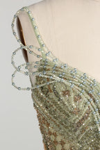 Sage Green V-Neck Beaded Sequin Tulle Overskirt Front Slit Evening Dress MC151