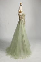 Sage Green V-Neck Beaded Sequin Tulle Overskirt Front Slit Evening Dress MC151
