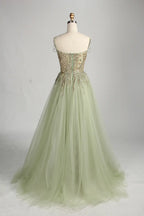 Sage Green V-Neck Beaded Sequin Tulle Overskirt Front Slit Evening Dress MC151