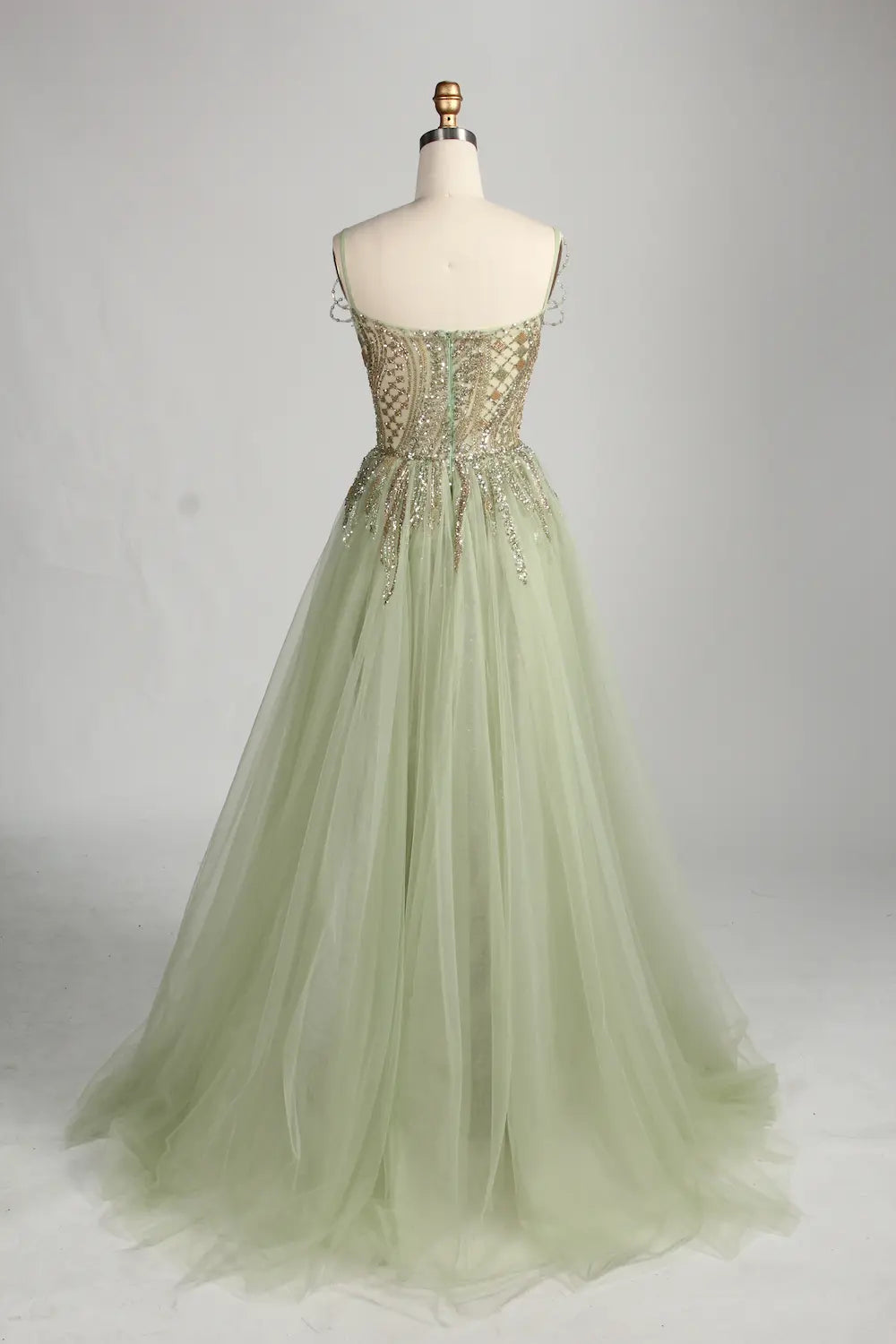Sage Green V-Neck Beaded Sequin Tulle Overskirt Front Slit Evening Dress MC151
