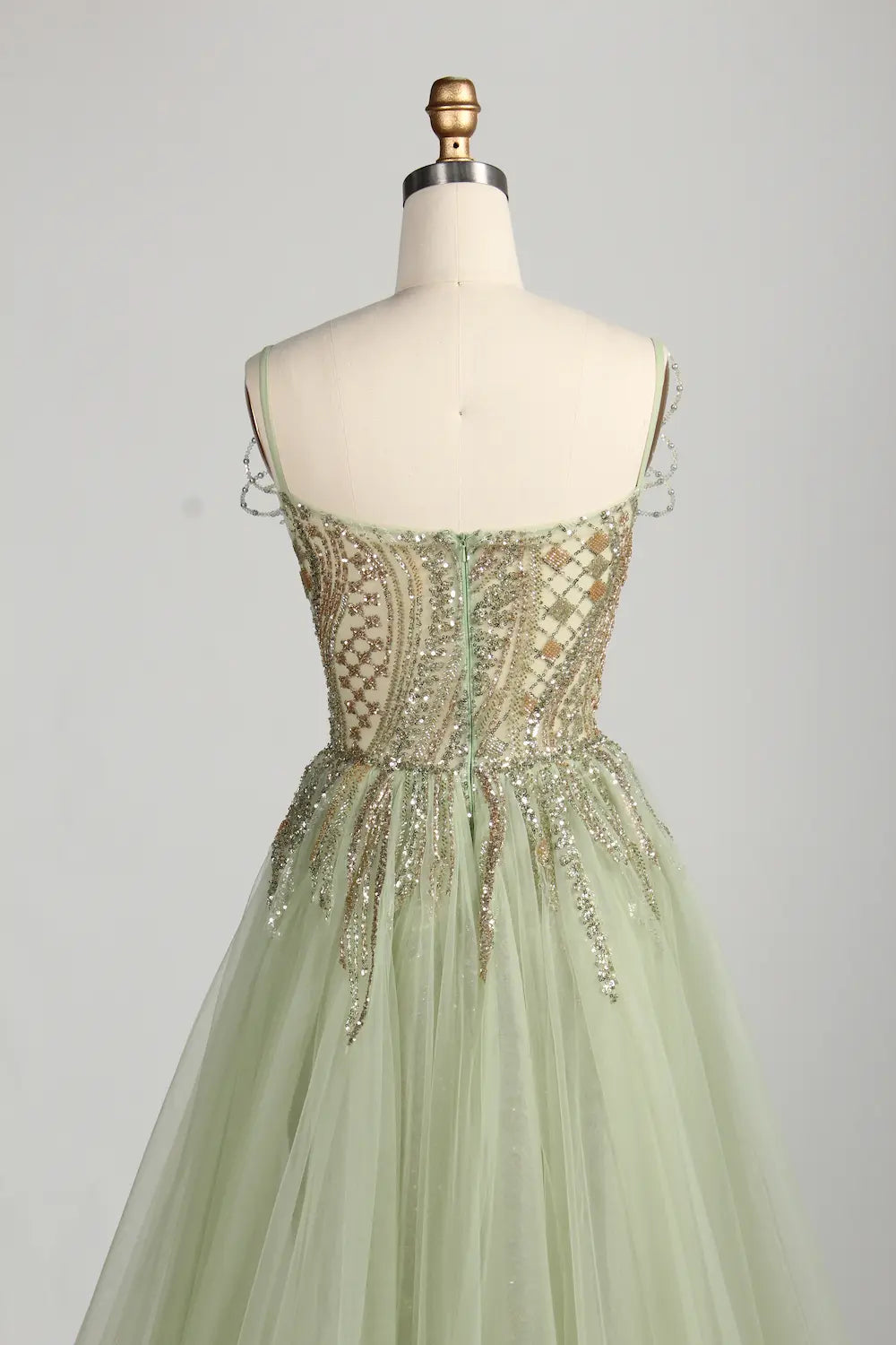 Sage Green V-Neck Beaded Sequin Tulle Overskirt Front Slit Evening Dress MC151