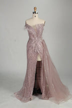 Blush Pink Sequin Off-the-Shoulder Front Slit Evening Dress MC150