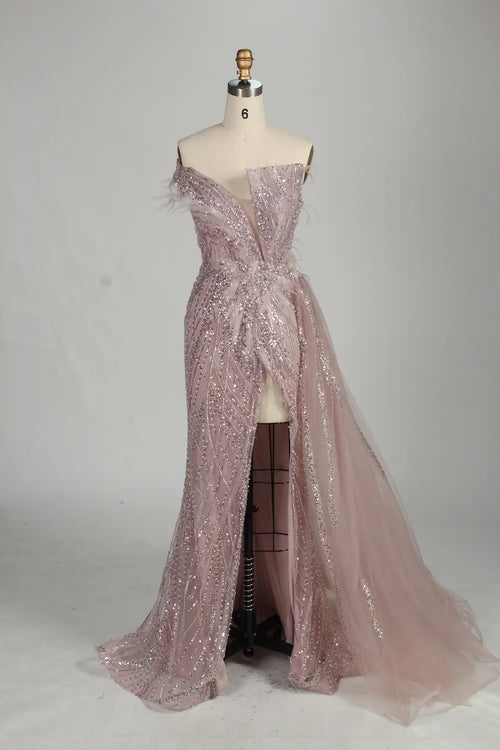 Blush pink sequin off-shoulder evening dress with front slit and sheer train