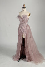Blush Pink Sequin Off-the-Shoulder Front Slit Evening Dress MC150