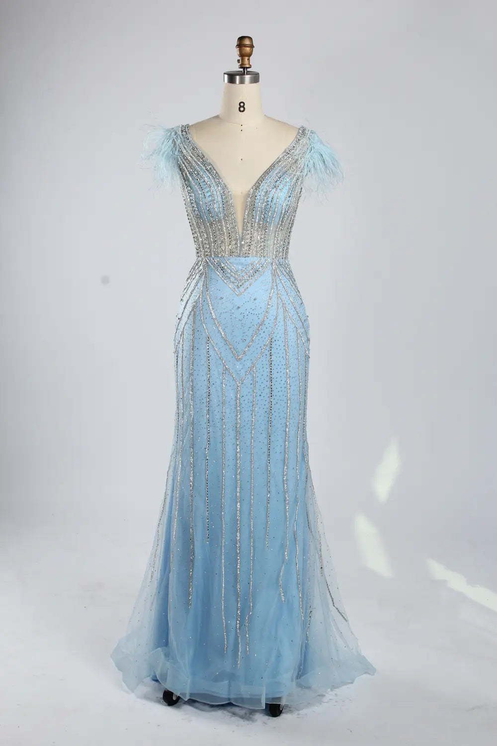 Light Blue V-Neck Feather Cap Sleeve Beaded Sequin Mermaid Evening Dress KY053