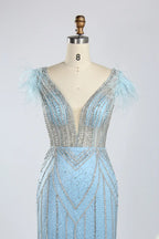 Light Blue V-Neck Feather Cap Sleeve Beaded Sequin Mermaid Evening Dress KY053