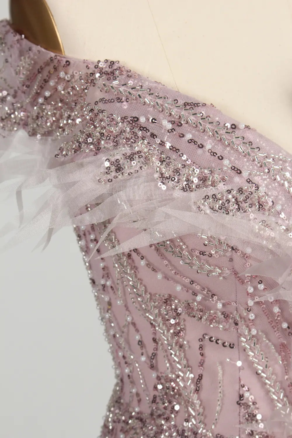 Blush Pink Sequin Off-the-Shoulder Front Slit Evening Dress MC150
