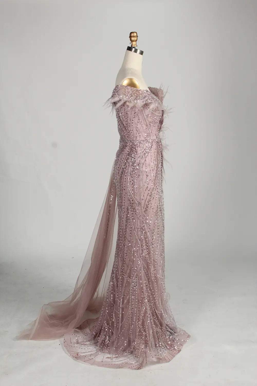 Blush Pink Sequin Off-the-Shoulder Front Slit Evening Dress MC150