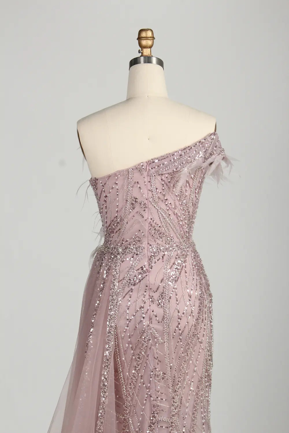 Blush Pink Sequin Off-the-Shoulder Front Slit Evening Dress MC150