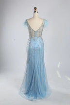 Light Blue V-Neck Feather Cap Sleeve Beaded Sequin Mermaid Evening Dress KY053