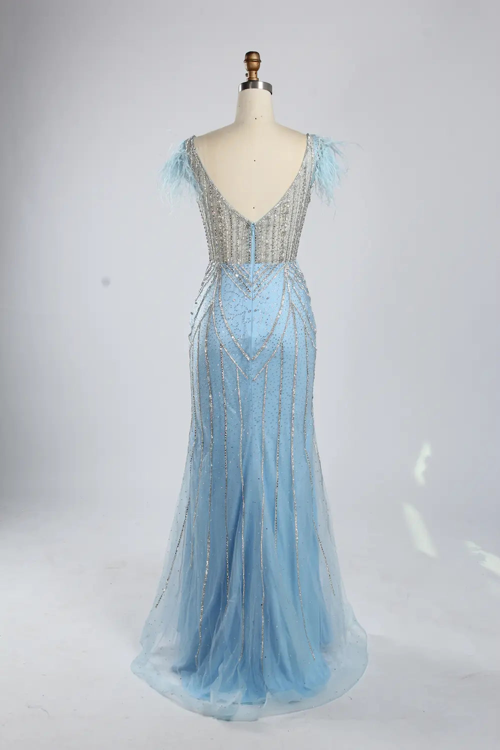 Light Blue V-Neck Feather Cap Sleeve Beaded Sequin Mermaid Evening Dress KY053