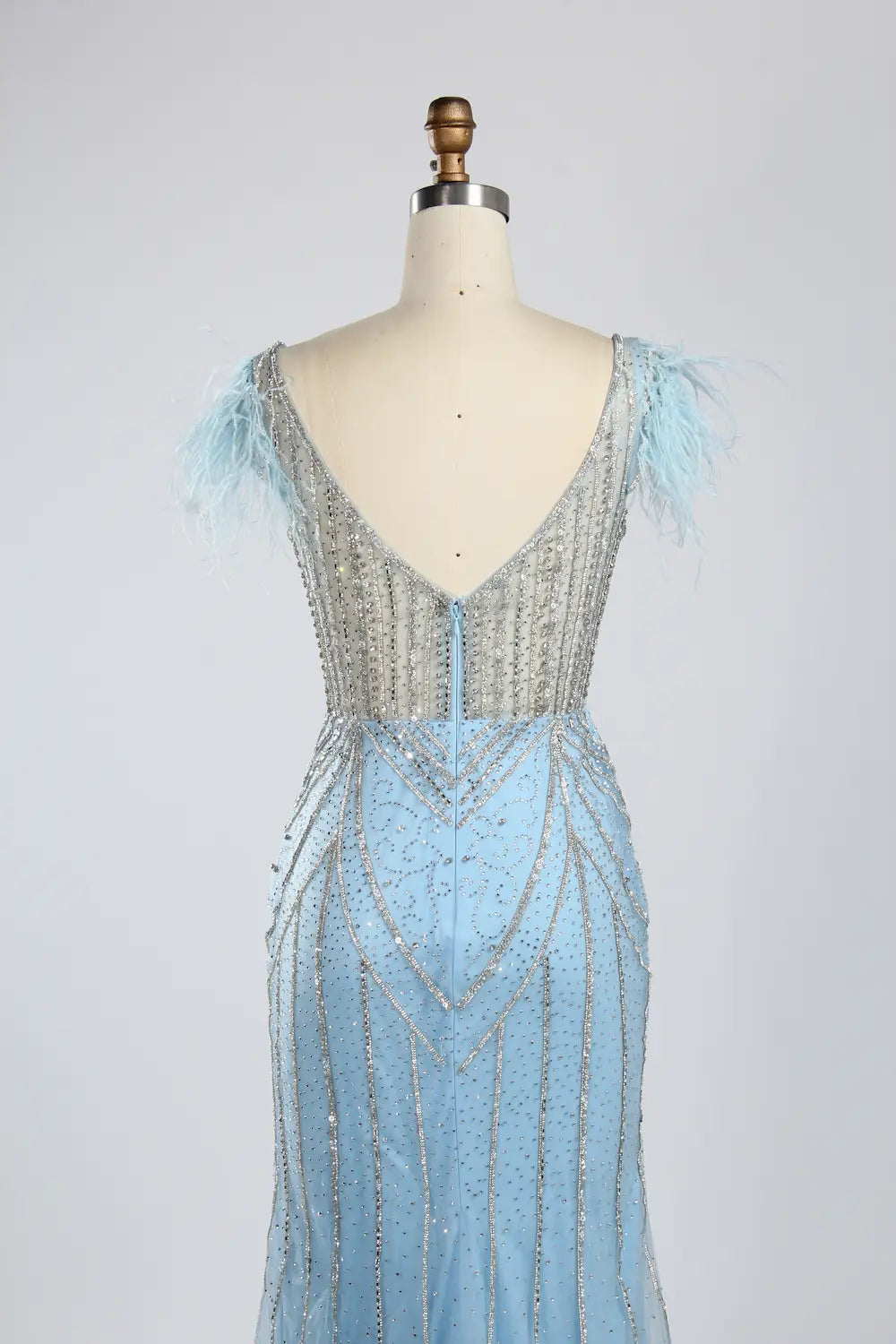 Light Blue V-Neck Feather Cap Sleeve Beaded Sequin Mermaid Evening Dress KY053