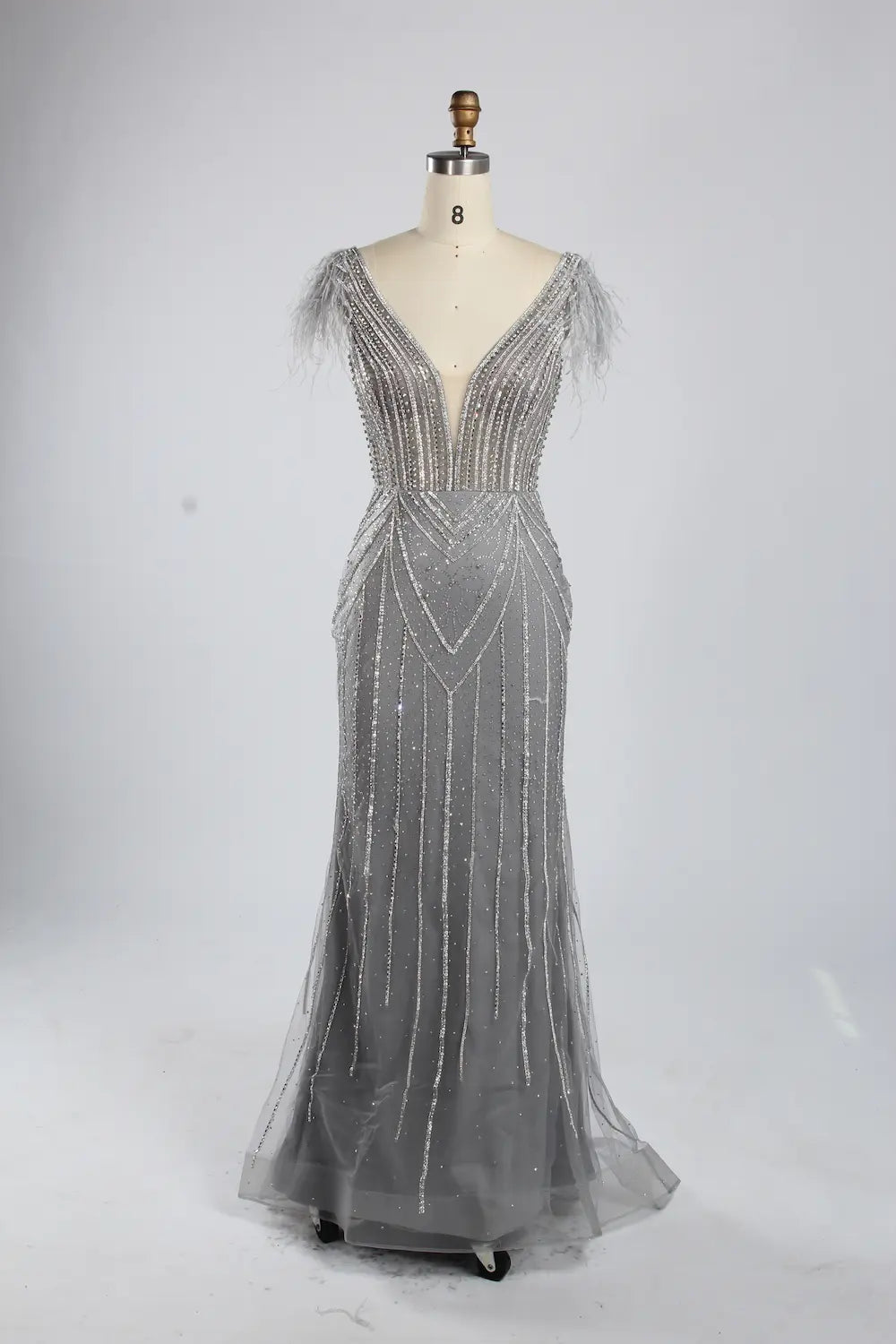 Light Blue V-Neck Feather Cap Sleeve Beaded Sequin Mermaid Evening Dress KY053