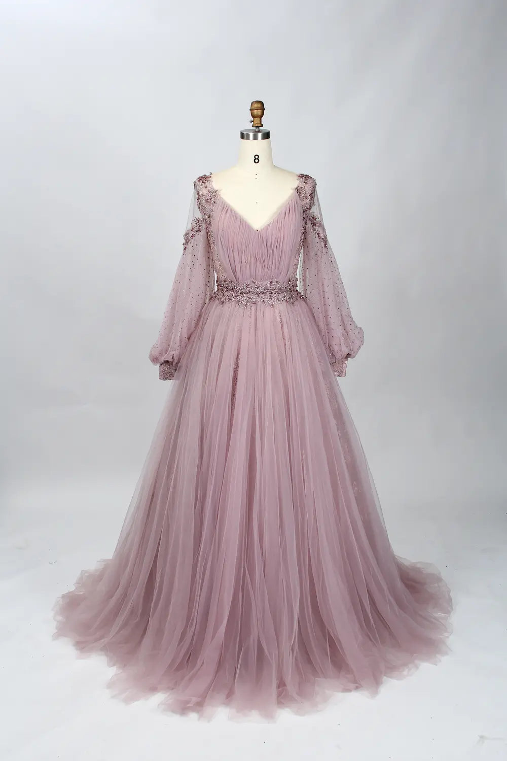 V-Neck Embellished A-Line Mother of the Bride Dress with Balloon Sleeves MK086