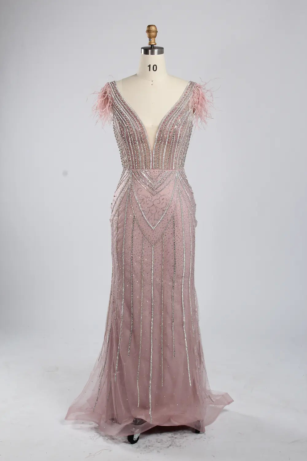 Light Blue V-Neck Feather Cap Sleeve Beaded Sequin Mermaid Evening Dress KY053