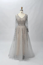 Sparkling V-Neck A-Line Mother of the Bride Dress with Long Sleeves MC064B