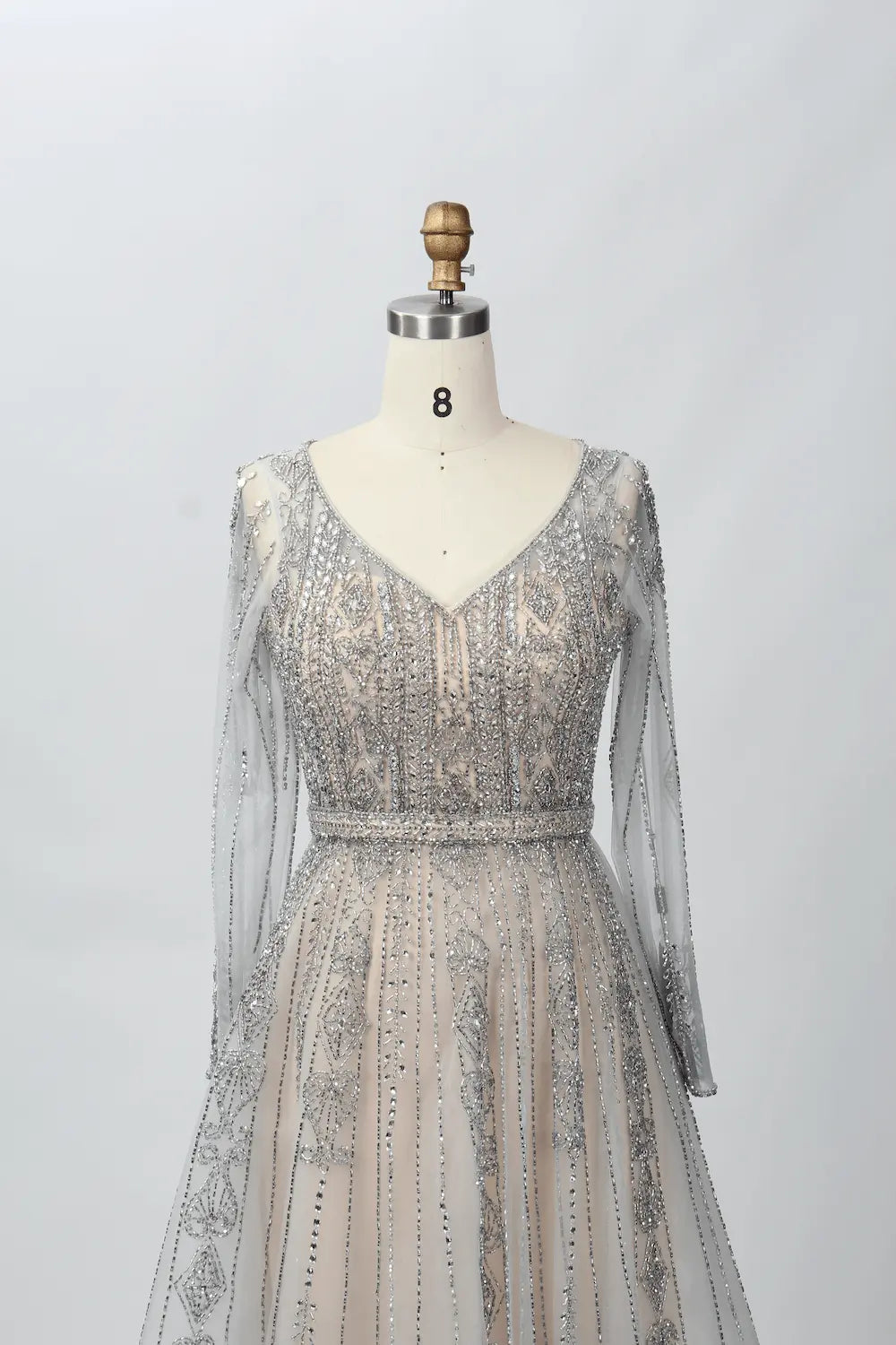 Sparkling V-Neck A-Line Mother of the Bride Dress with Long Sleeves MC064B