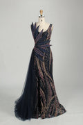 Sculptural Black Beaded Mermaid Evening Dress with Side Train MC147