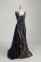 Sculptural Black Beaded Mermaid Evening Dress with Side Train MC147