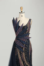 Sculptural Black Beaded Mermaid Evening Dress with Side Train MC147